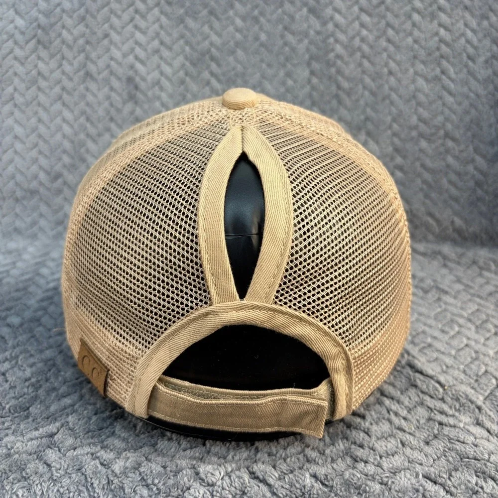C.C Exclusives Happy Camper Tan Khaki Ponytail Mesh Back Trucker Hat Cap